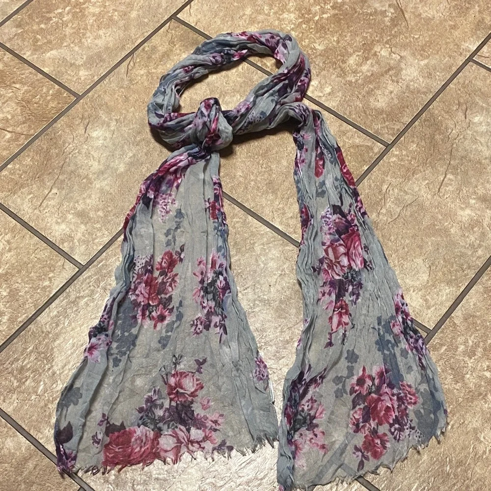 Delicate Floral Gray, Pink, and Purple Sheer Scarf Summer Fall Layer